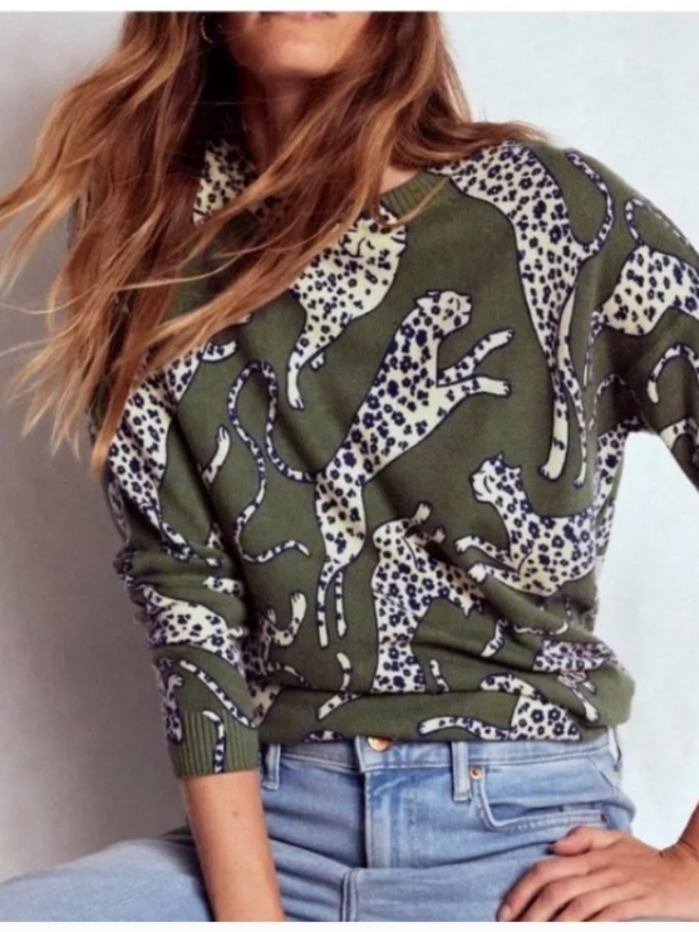 Lydia Cashmere Jumper-Woodland Green, Leopard, Size: M